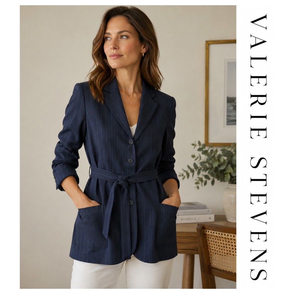 Valerie Stevens Navy Pinstripe Belted Blazer Jacket Career Office Capsule 8